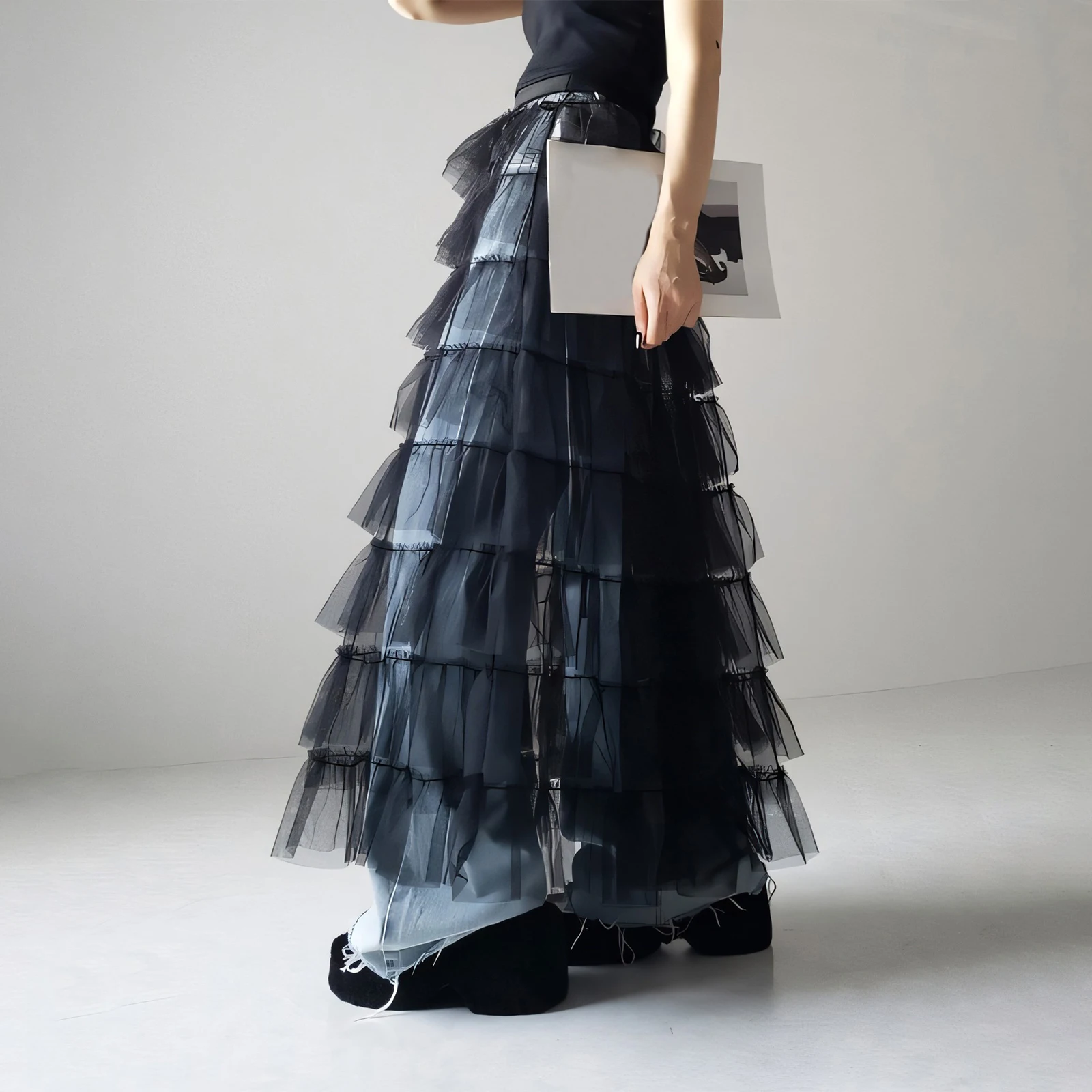 Womens Layered Tulle Dress Solid Color See Through Elastic Waist A-Line Flowy Long Skirt Casual Streetwear