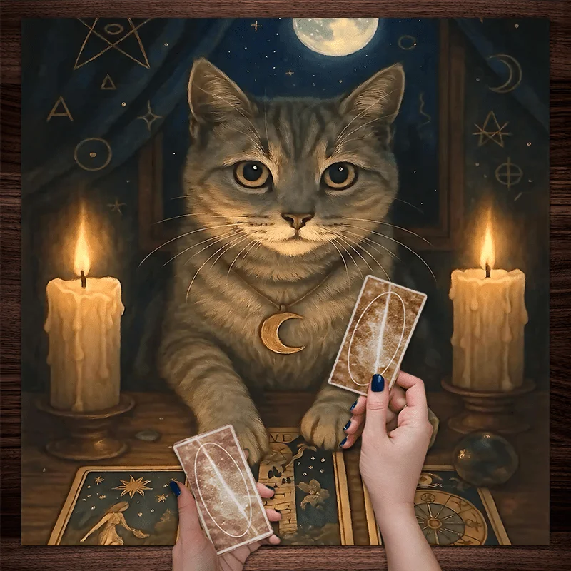 50/75/110/137cm Moonlit Divination Tablecloth Gray Cat Tarot Mat Crystal Star Chart Meditation Room Altar Esoteric Decorations