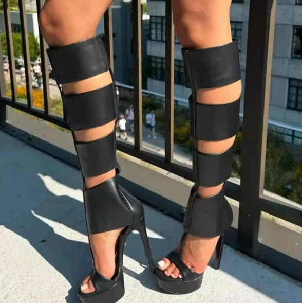 

Летние сандалии до колена на очень платформе, женские туфли-гладиаторы с четырьмя Т-образными ремешками и открытым носком на молнии сзади с вырезом, женская обувь Botas