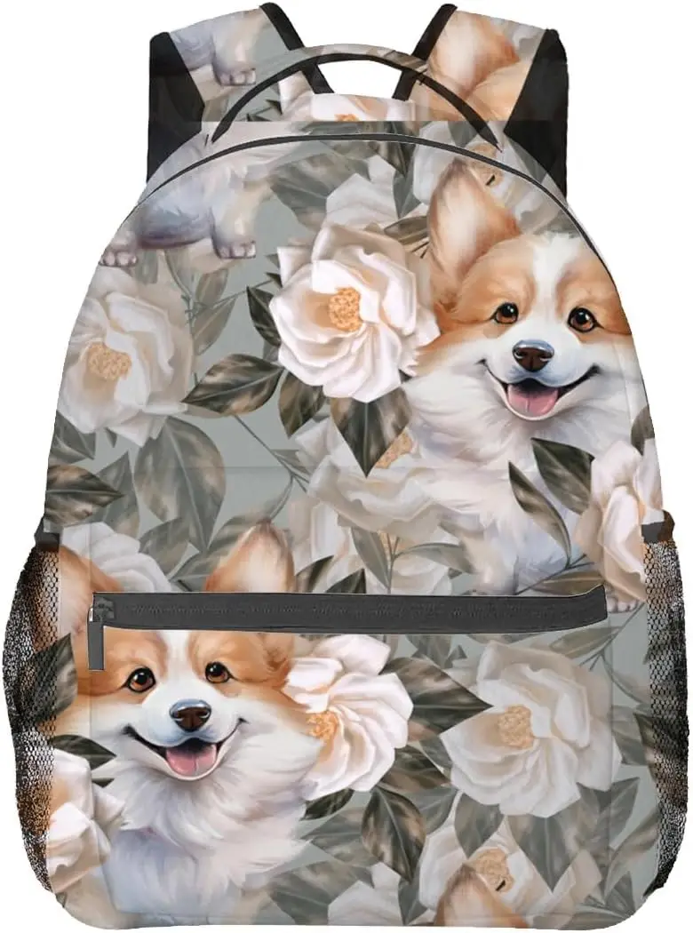 

Corgi Backpack, Polyester Laptop Bag, Cute Dog with White Floral Backpacks, Pet and Flower Back Pack, Rucksack Gifts for Puppy
