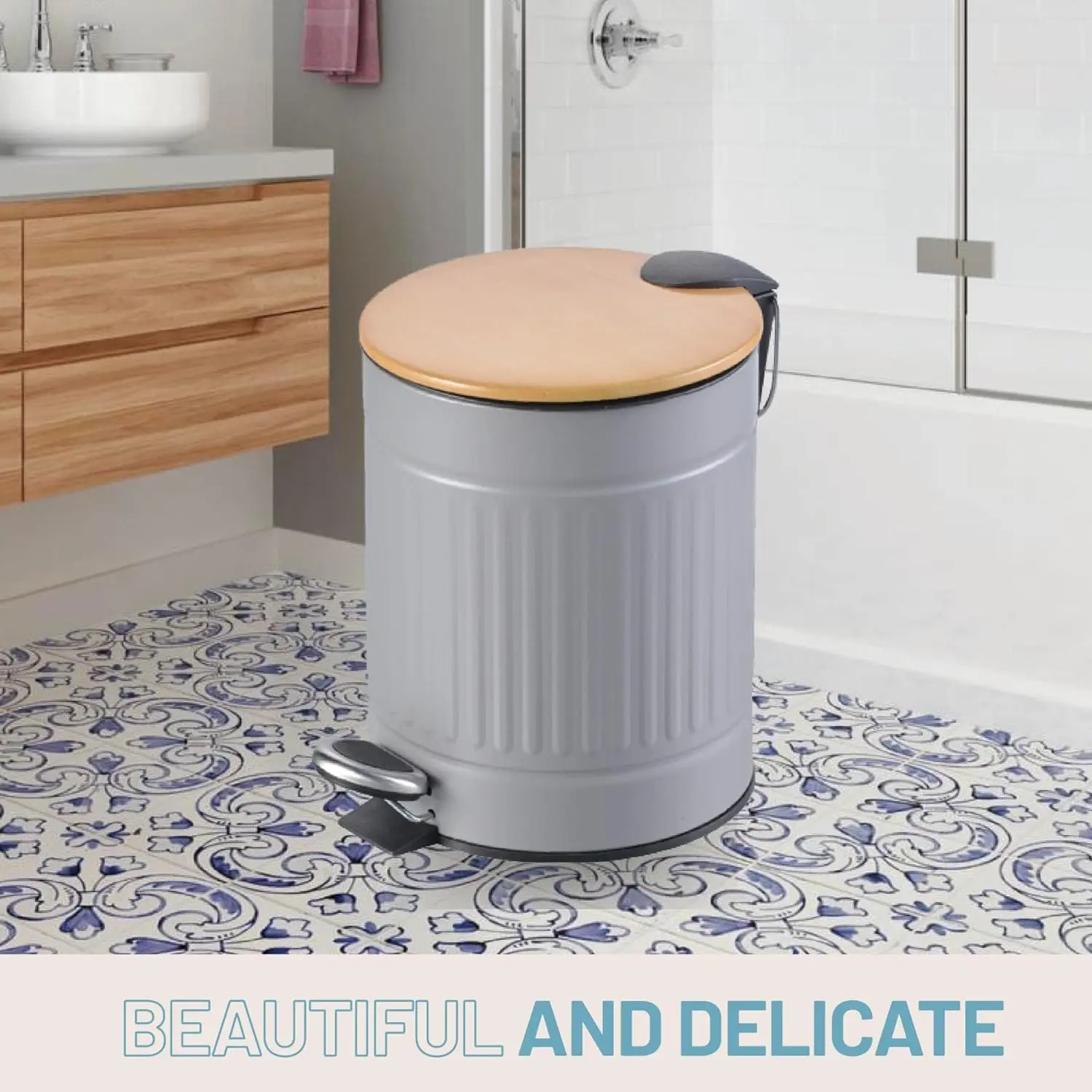 

Kitchen Trash Can with Wooden Effect Lid (1.3 Gal / 5L) - Touchless Stainless Steel for Kitchen Bathroom Office