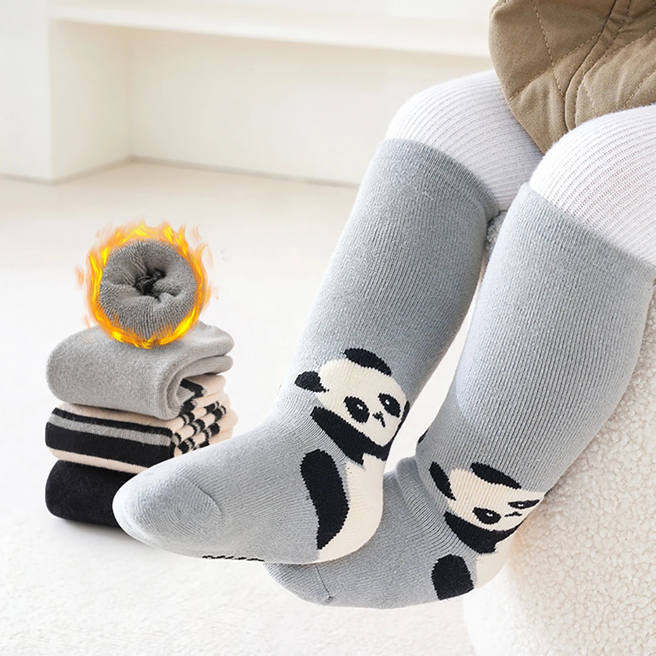 3Pair Baby Plush Socks Black White Stripe Panda Kids Calf Sock Thicken Fleece Toddler Warm Sock 0-4Year Children Winter Footwear