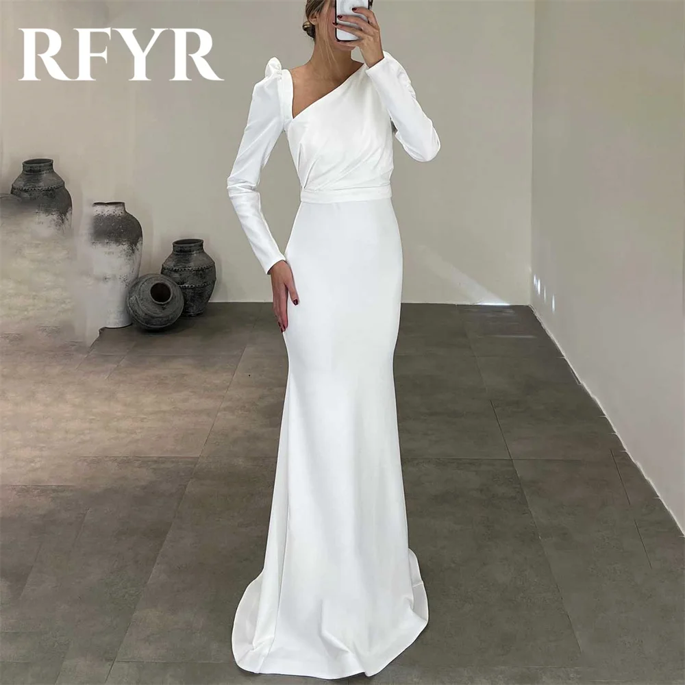 RFYR Red Prom Dress Regular Sleeve Trumpet Split Evening Dresses Luxury V-Neck Party Dresses with Pleats Satin Robe De Soirée