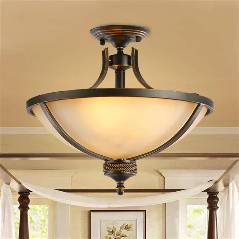 Nordic Simple American Rural Iron Semi Hanging Ceiling Lamp European Retro Living Room Lamp Dining Room Lamp Bedroom Lighting