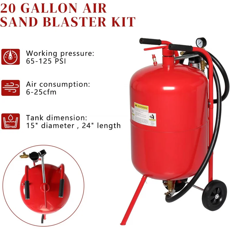 20 gallon portable sandblaster sand blaster 65-125 psi high pressure media abrasive blasting tank w/6 wheels, red