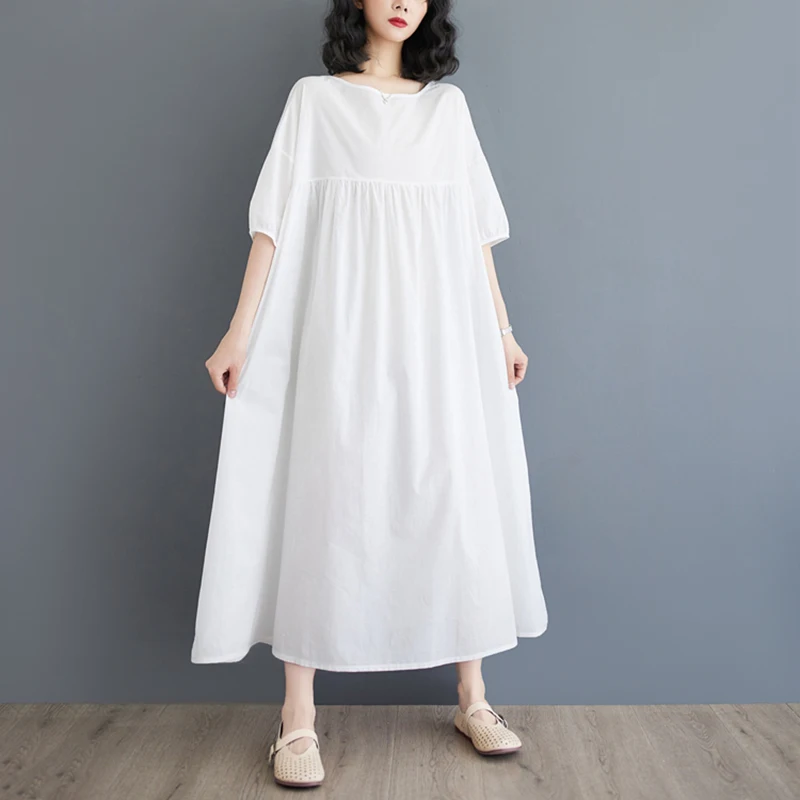 여성용 화이트 라미 코튼 린넨 드레스 비치 휴가 천상의 흐르는 긴 Boho 루즈 퓨어 컬러 미디 여름 캐주얼 우아한 드레스