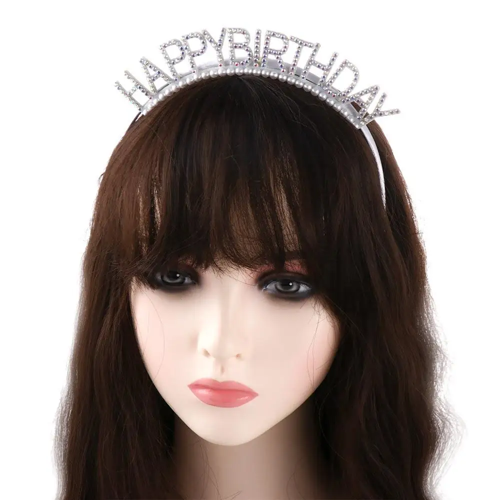 Exquisite Simple Alloy Pearl Letter Birthday Gift Happy Birthday Headband Birthday Hair Hoop Rhinestone Crown Female Jewelry