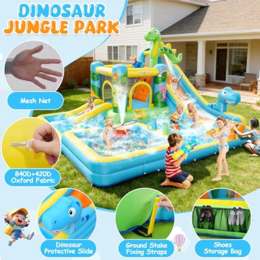 Outdoor backyard inflatable water slide: dinosaur-themed 13-in-1 bounce house for kids 3-12 PVC material blue-green color dual view 6