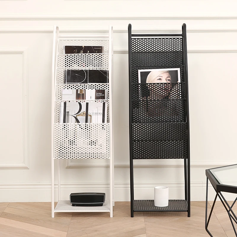 Nordic metal bookshelf, multi-layer magazine floor-to-ceiling book and newspaper shelf, wrought iron data shelf