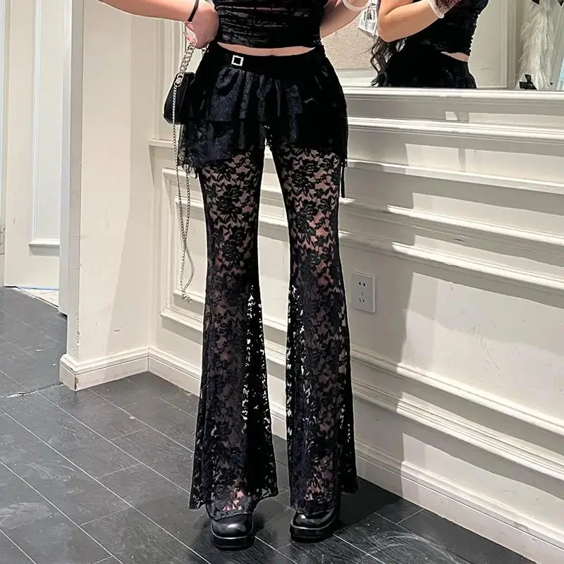 Hot Selling High Waist  Lace See-through Pants Sexy Versatile Irregular Fake Two-piece Skirt Pants for Women