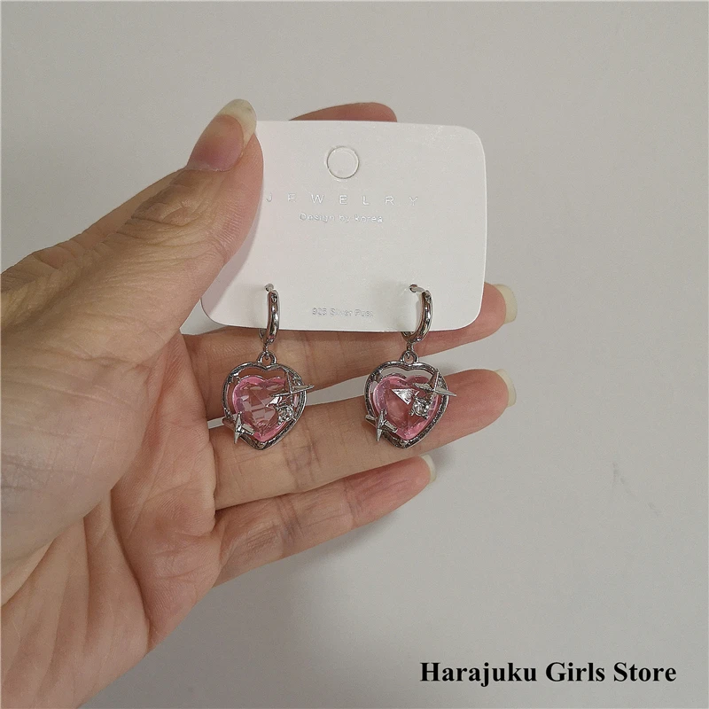 Goth Harajuku Fashion Pink Peach Heart Drop Pendant Earrings For Women Egirl Sweet Cool Aesthetic Y2K EMO Accessories Jewelry