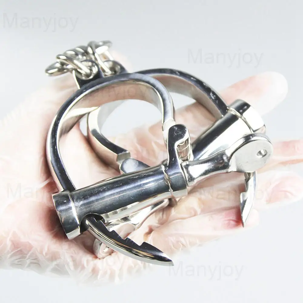 Horseshoe Shaped Stainless Steel Wrist Lockable Handcuffs with Connected Chain Key BDSM Restraint Adult Game Slave Sex Toys