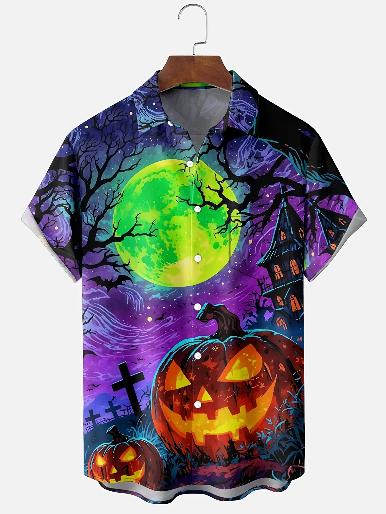 Men's Shirt Halloween Pumpkin Haunted House Print Short Sleeve Turn Down Collar Loose Holiday Party Casual Stylish Mens Clothing
