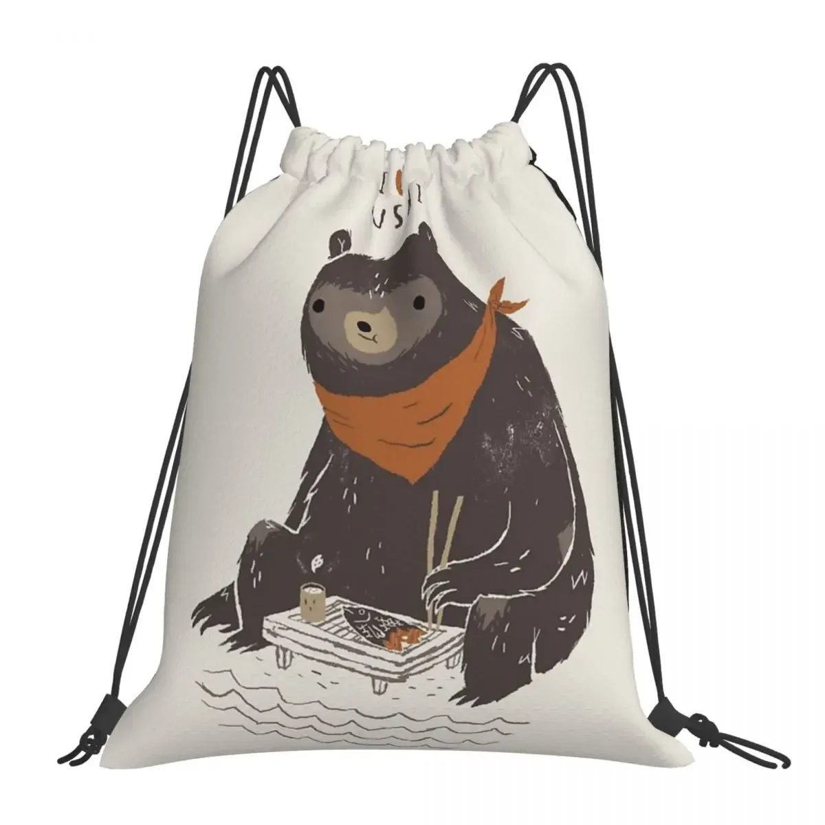 Sushi Bear Backpacks Casual Portable Drawstring Bags Drawstring Bundle Pocket Sports Bag BookBag For Travel Students