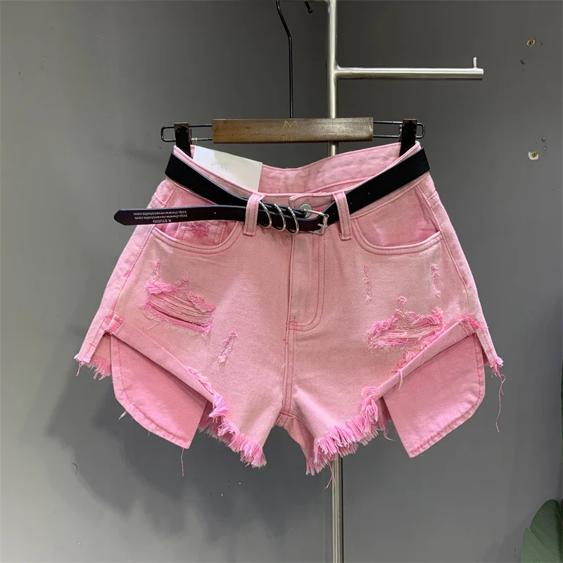 Ripped Denim Shorts Korean Style Female 2024 Summer Patchwork A-line High-waisted Wash Blue Sexy Jeans Street Fashion 4 Color