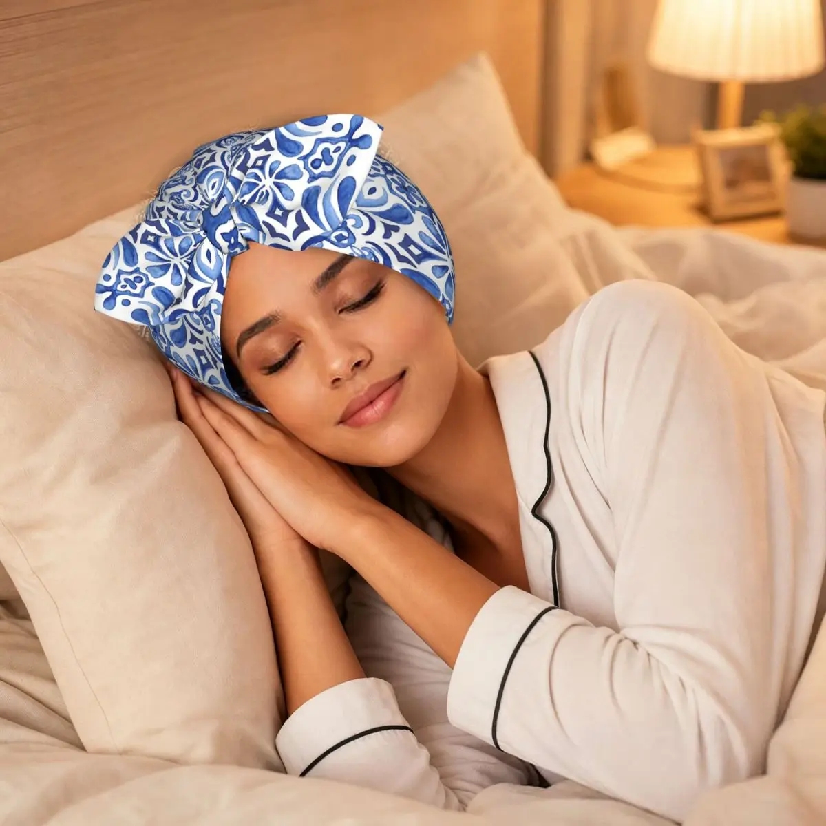 Mediterranean Mosaic Tiles Azulejos Sleep Bonnet Double Layer with Adjustable Bow, Reversible Hair Cap for Curly Braids Hair