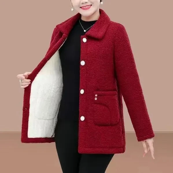 Mom Winter Clothes Velvet Thickened Warm Coat Women Lamb Fur Coat Middle-Aged Lady\'s Grain Velvet Loose Coat Female Jacket