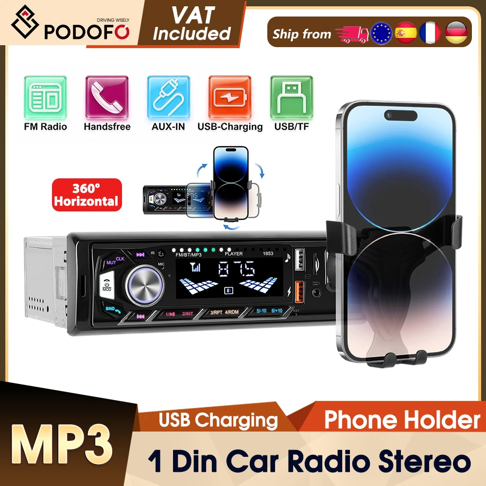 Podofo 1DIN Auto MP3-Player AUX IN Universeller Multimedia-Player FM Autoradio Digital Bluetooth Audio Musik Stereo USB Autoradio