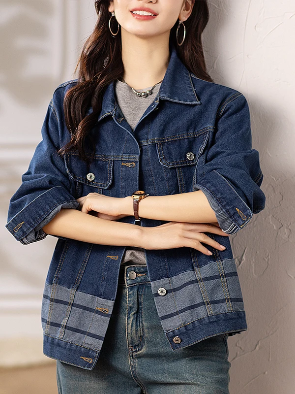 Authentic Women's Denim Jacket Long Sleeve Commute Vintage  Color Spring Autumn Short Top Polyester Fiber Resistant to D...