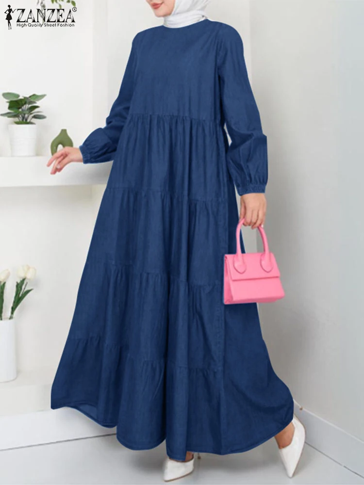 

ZANZEA Muslim Solid Tiered Dresses Islamic Women Hijab O Neck Long Sleeve Casual Long Vestidos Elegant Abaya Robes Everyday Wear