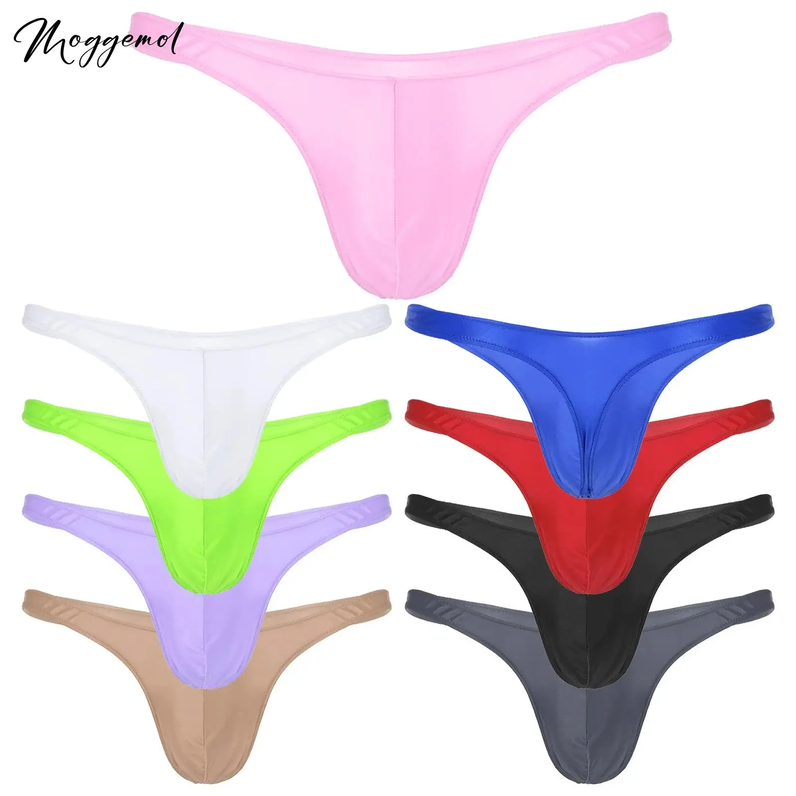 Mens Swimwear Bulge Pouch Thongs Panties Shiny Ice Silky Solid Color Low Waist Bikini Briefs Sexy Underpants Swimsuit Underwear