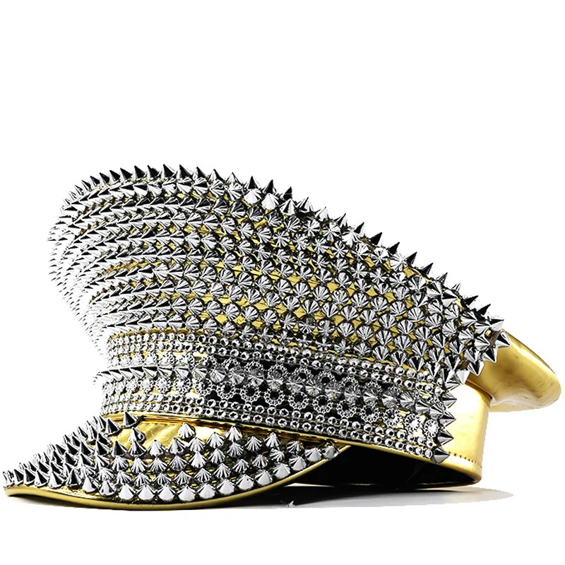 レザーパフォーマンス、ホットスタンピング、多用途、ダイヤモンドスタッズ、シルバーリベット、ネイビーハット、パーティー、カーニバル、誕生日、結婚式、帽子