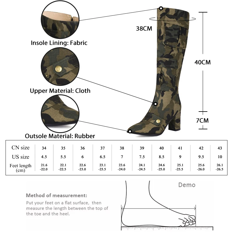 GMQM Fashion Women‘s The Knee Boots New Chunky High Heels Camouflage Army Green Shoes Knee High Boots Pocket Black  Jeans Boots