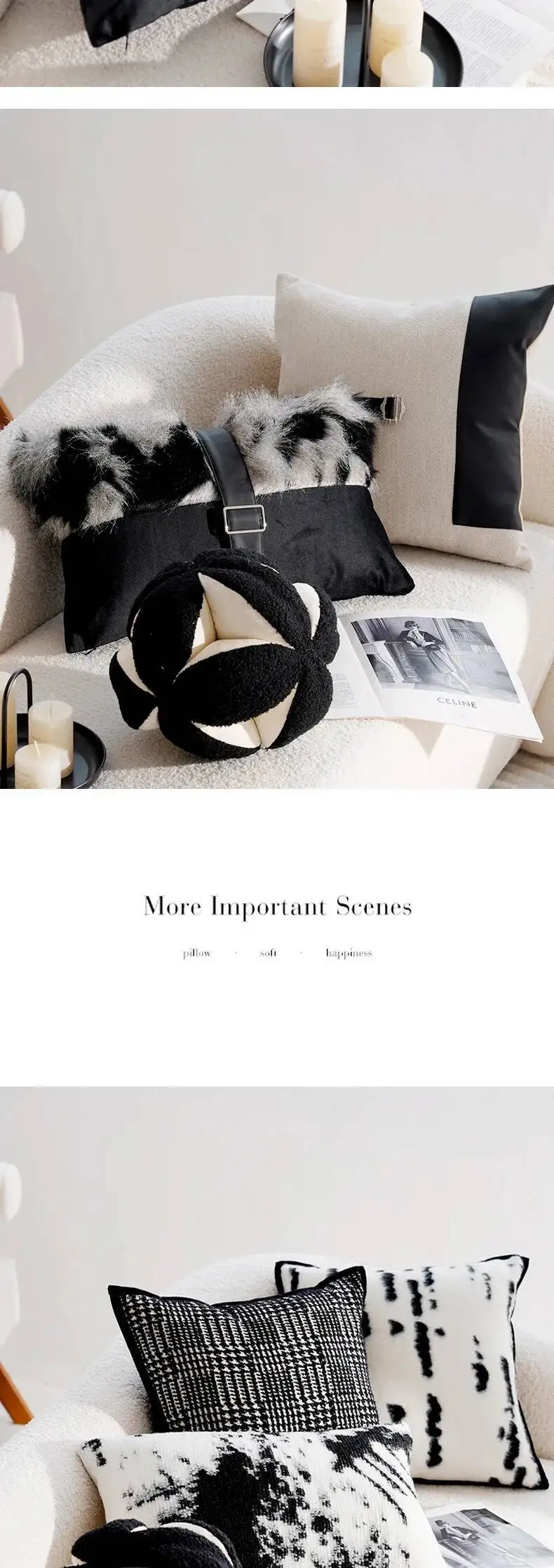 Elegante schwarz-weiße moderne Kissenhülle aus Chenille, weiches abstraktes Muster, Fell-Dekokissenbezüge für Sofa- und Bettdekoration – Detail 6