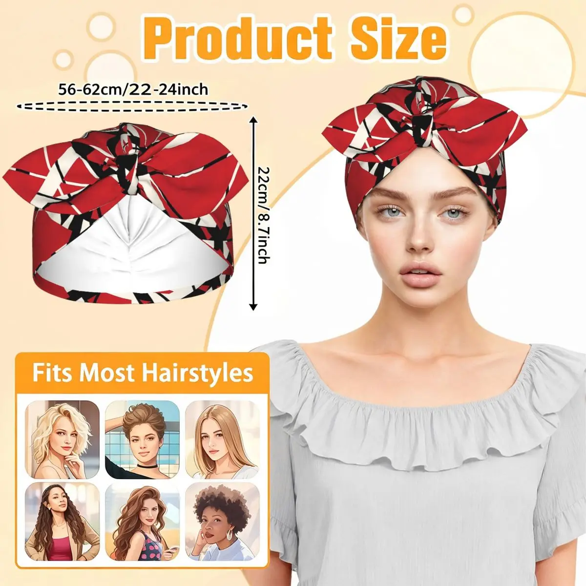 EVH Authentic Stripes Van Halen (red) Sleep Bonnet Double Layer with Adjustable Bow, Reversible Hair Cap for Curly Braids Hair