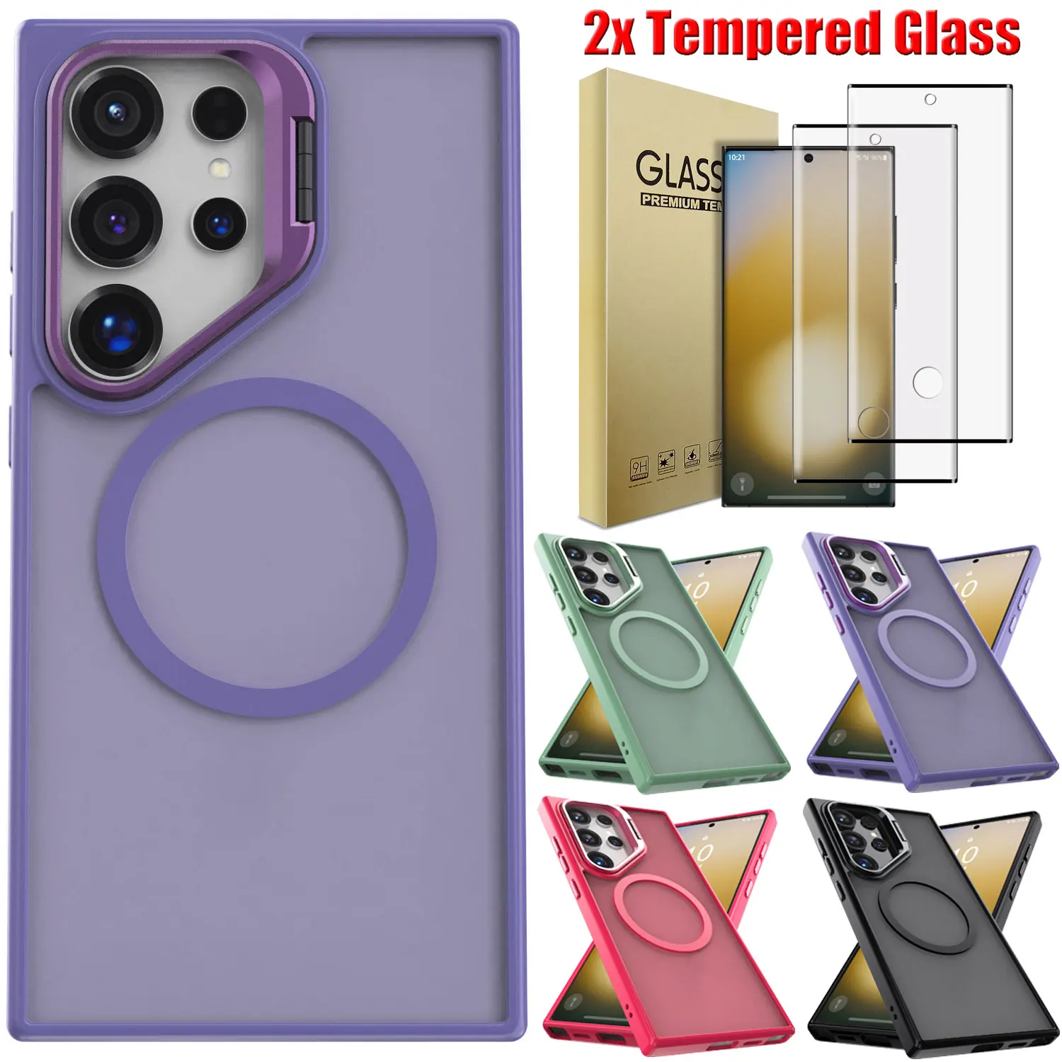 

For Samsung For Galaxy S23 Ultra/S23 Plus/S23 Clear Case Camera Lens Stand Cover +2pcs Clear Tempered Glass Screen Protectors
