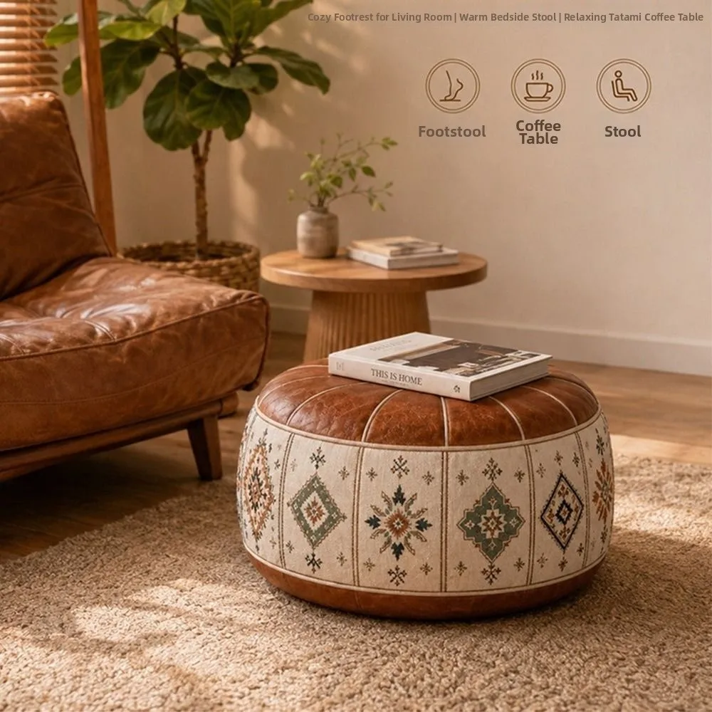 Boho Pattern Ottoman Pouf Fillable Design PU Leather Storage Ottoman Water Resistant Large Opening Round Pouf Cover Living Room