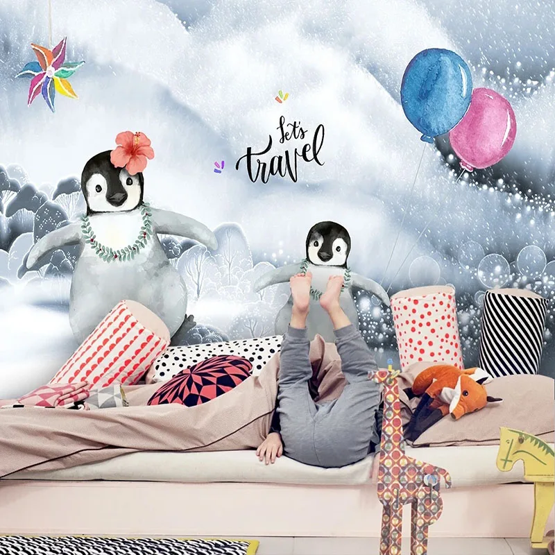 Custom 3D Wallpaper Cute Cartoon Penguin Balloon Children's Room Backdrop Wallpaper For Bedroom Walls Papel De Parede Home Décor