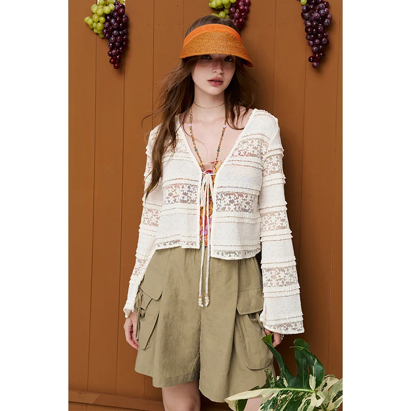 ELFSACK Women's Lace Tiered Cropped Cardigan, Bell Sleeve Tie Front Bohemian Sheer Knit Cover Up