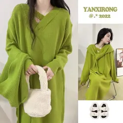 Lazy Style Loose Straight Tube Extremely Simple Style Long Sweater with Coat V-neck Knitted Dress