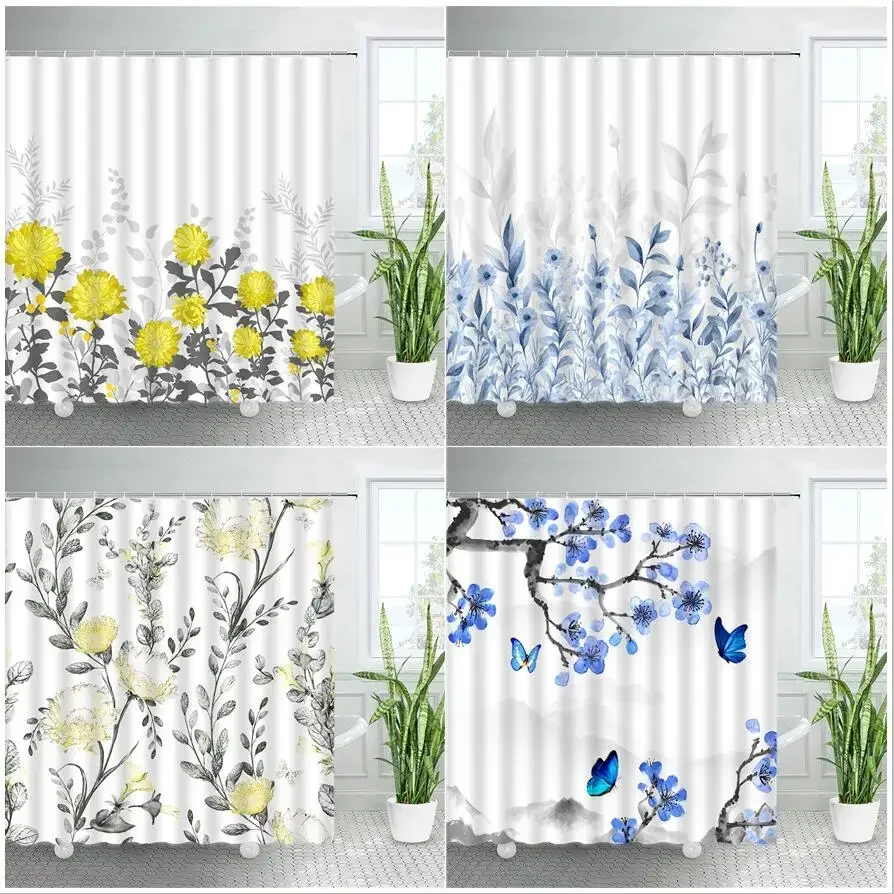 Butterfly Plants Flowers Shower Curtains Watercolor Yellow Floral Blue Leaves Creative Design Simple Waterproof Bathroom Decor