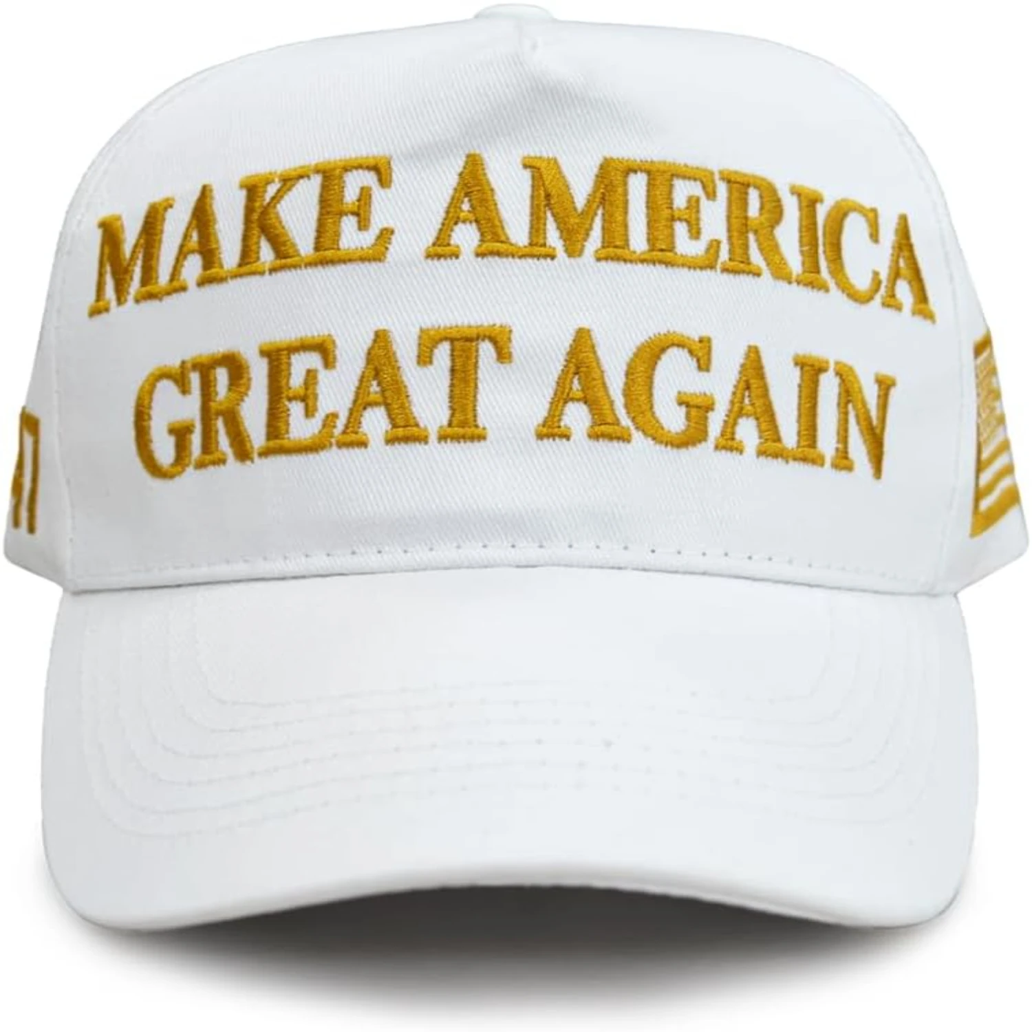 

Show your support and make America great again with this stylish, patriotic white peaked baseball cap featuring trendy new Trump