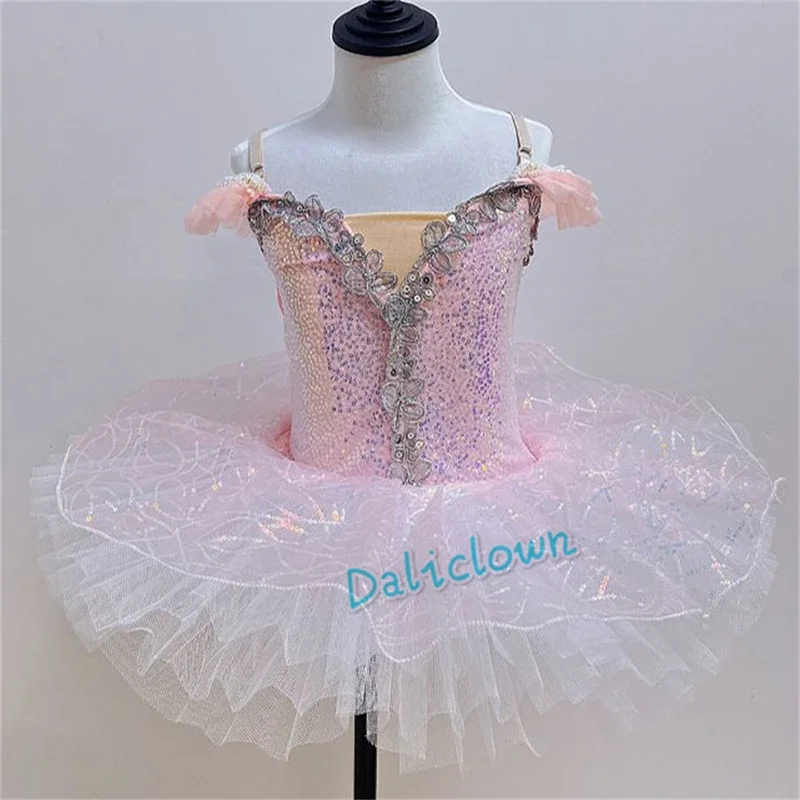 Ballerina Princess Party Costume Kids Sequin Flower Dress Girls Dance Wear Gymnastic Ballet Leotard Platter Pancake Tutu Dress