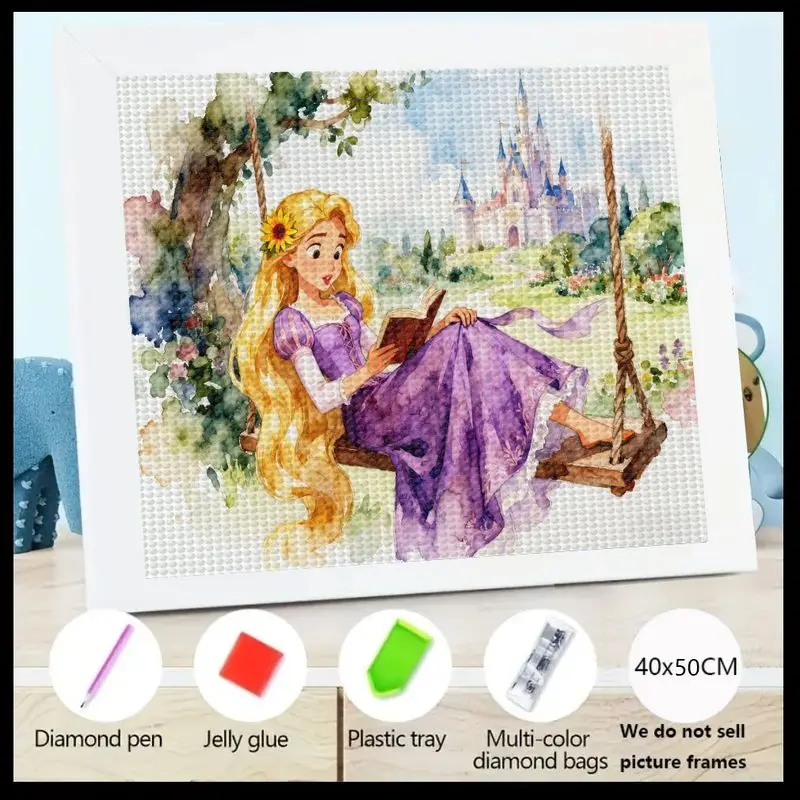 

1PC 5D DIY Diamond Painting Kit, Full Drill Sparkling Crystal Rhinestone Embroidery Art, Magical Princess Girl on Swing Reading