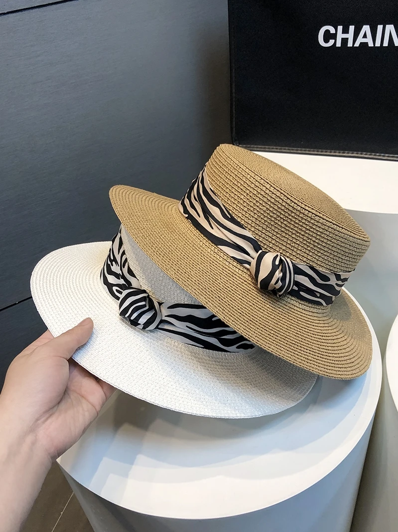 Hats for Women's Flat Top Hat Women's Summer Retro Zebra Patterned Straw Sun Hat Beach Hat Chapeu Panama Feminino