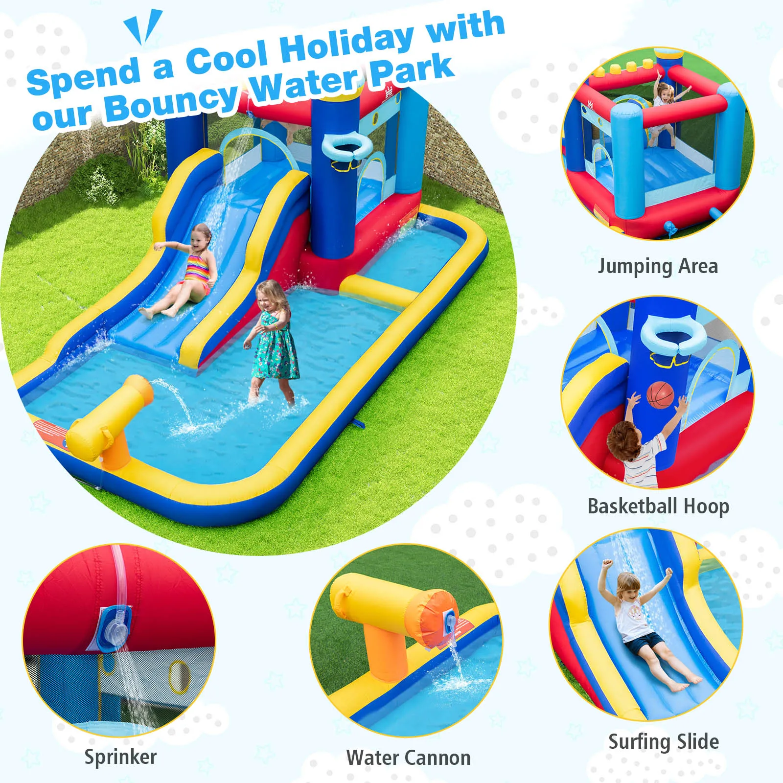 Château d'eau gonflable pour enfants, 6 en 1, videur avec ventilateur Ocean Ik& 735W, 50