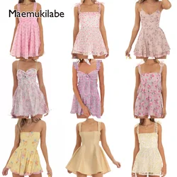 Maemukilabe Women Y2K Sleeveless Mini Dress Fairy Vintage Floral Print Spaghetti Strap Bodycon Dresses Sexy Low Cut Short Dress