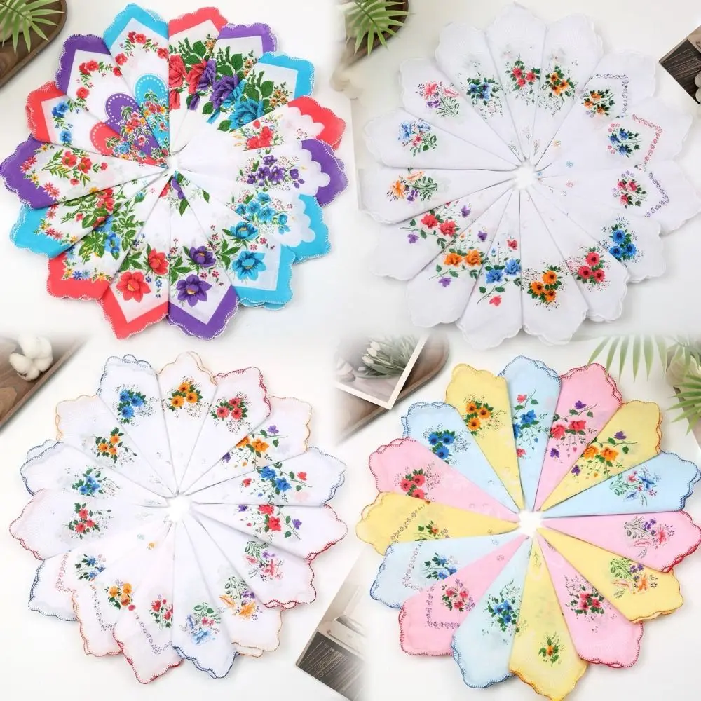 28cm Size Cotton Handkerchiefs Pure Cotton Tooth Edge Trim Flower Handkerchiefs 12 Pack Printed Design Tooth Edge Handkerchiefs
