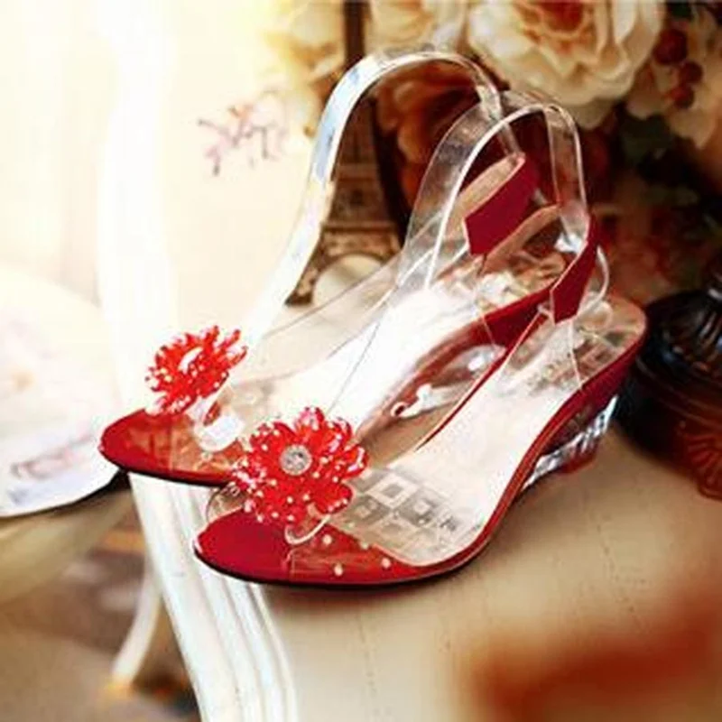 6.5CM Wedges Sandals Women Summer Sweet Flowers Transparent Open Toe Heels Sandals Fishmouth Red Sandals Plus Size49