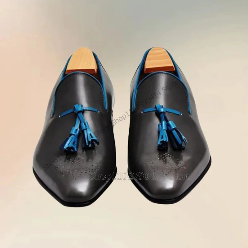 

Blue Tassels Black Matte Leather Breathable Men Shoes Fashion Slip On Male Shoes Luxurious Handmade Party Office Men Dress Shoes