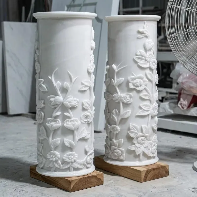 Custom White Marble Flower Stand Hand Carved Rose Relief Cylindrical Stone Vase Base for Wedding Villa Lobby Decoration