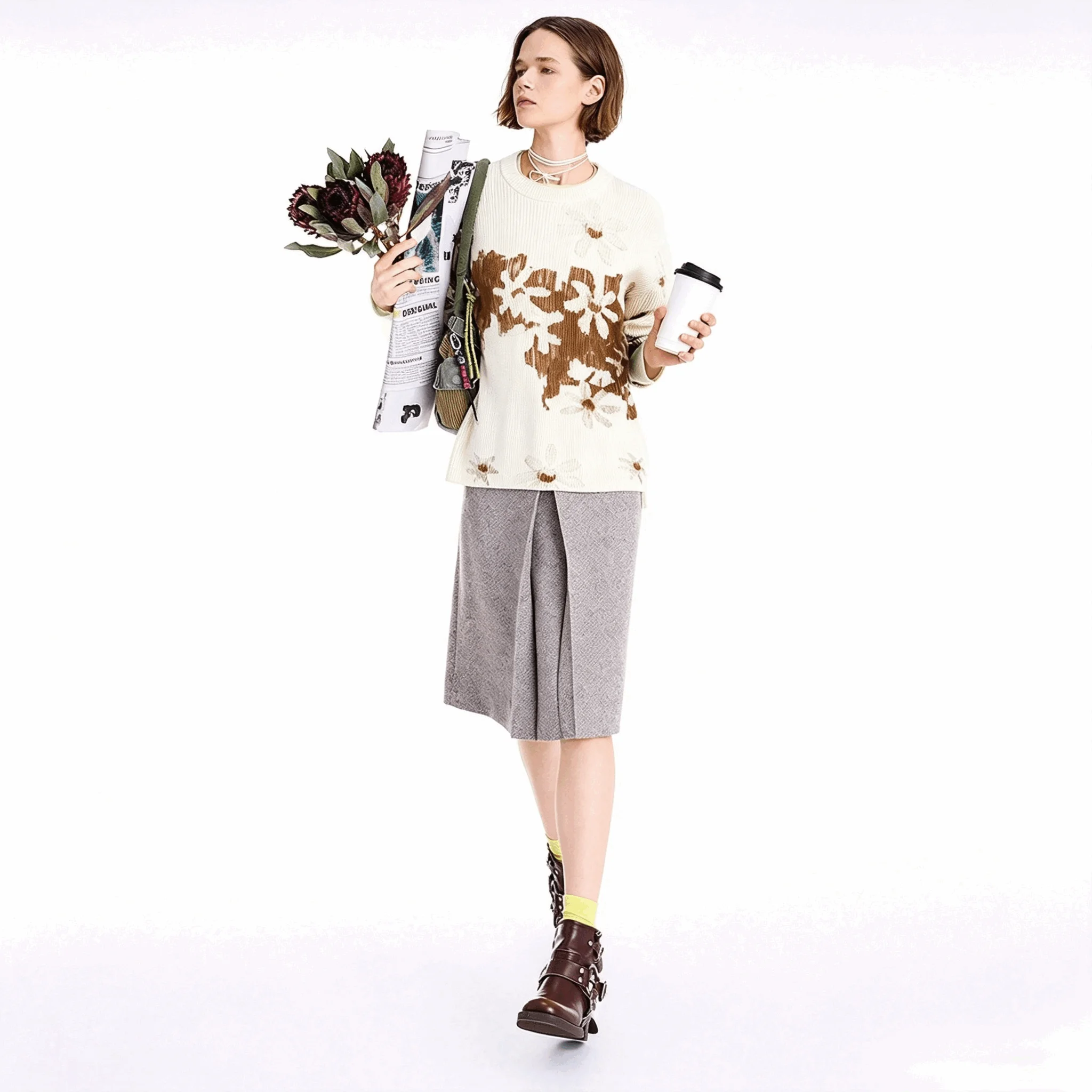 Original foreign trade order, Spanish new fashion printed hand-painted daisy round neck women's knitted sweater