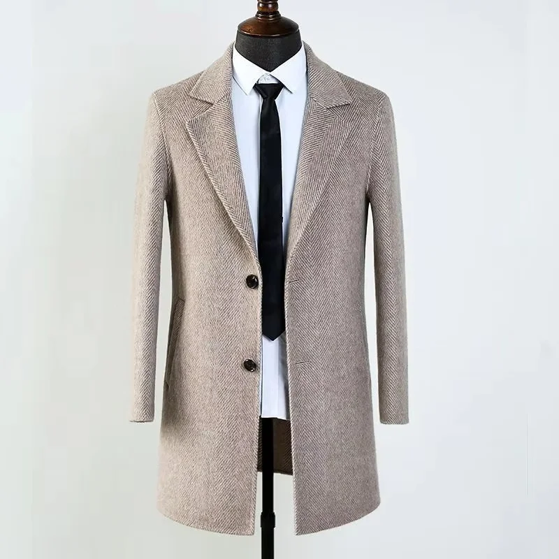

Autumn Winter Flat Collar Men's Coat Mid-Length Herringbone Single-Breasted Blazer Wool Blend Slim Fit Fashion Suit Jackets