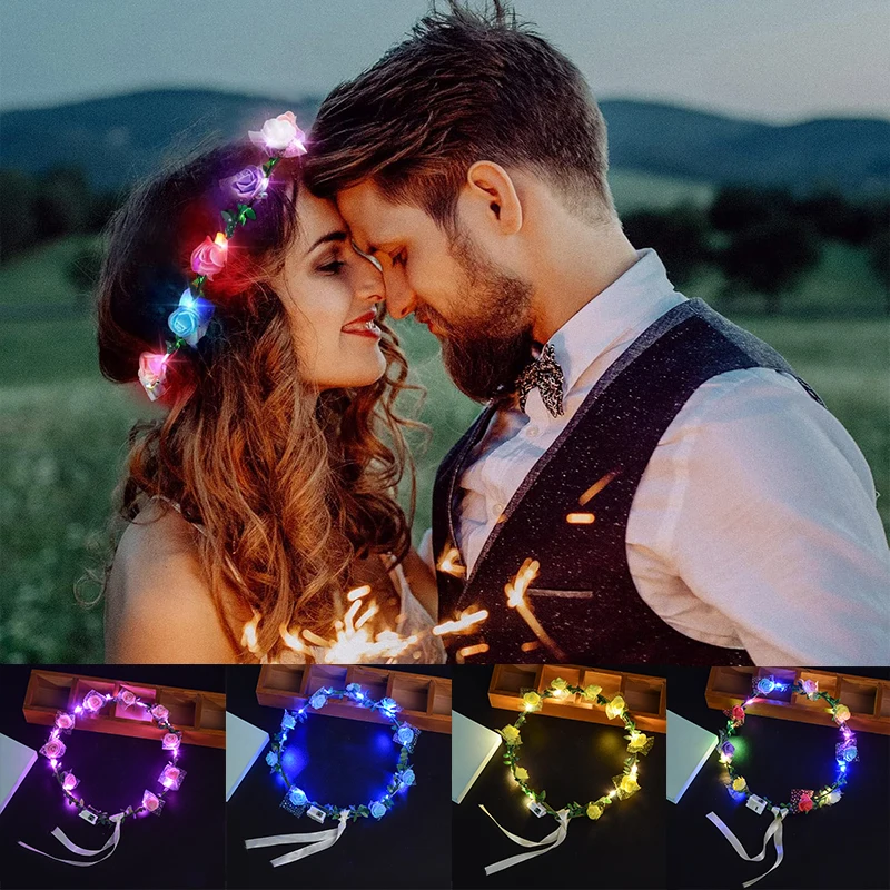 Glowing Flower Crown LED Flower Crowns Rose Wreath Headbands Hair Accessories for Woman Girls wedding Beach favors Supplies