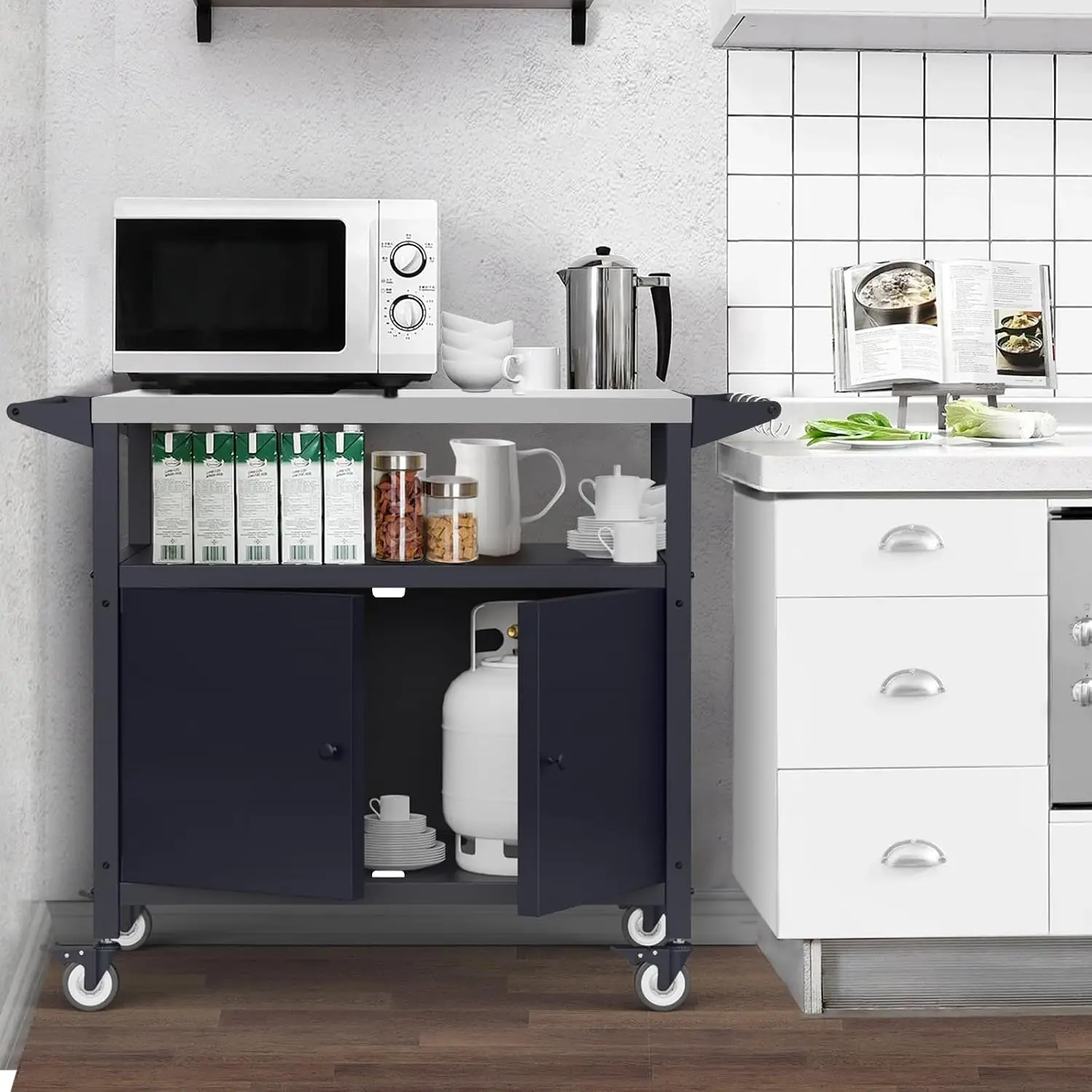 Outdoor Grill Table Countertop Display Organizer Holder Storage Rack Frame Stainless Steel Movable BBQ Cart Prep Station Rolling Bar Serving Cart With Utensil Hooks Black view 5