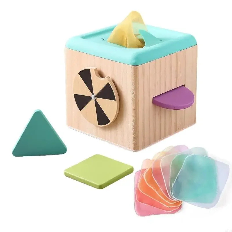 Drewniany pojemnik na chusteczki dopasowujący się do kształtu sensorycznego. Zabawka dla malucha. Wczesna edukacja. Pudełko z